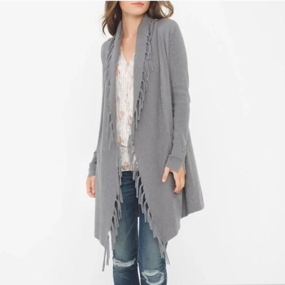 White House Black Market Grey Fringe Long Knit Open Cardigan - Picture 1 of 12